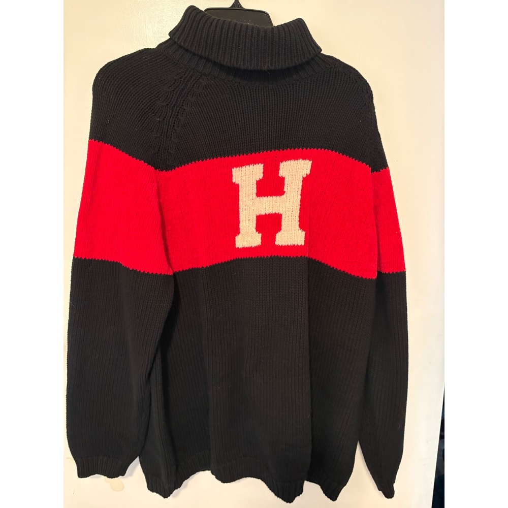 Vtg Tommy Hilfiger Mens Navy Colorblock H Logo Cotton Turtleneck Sweater Medium